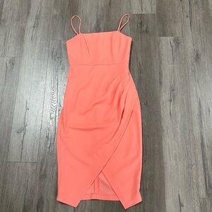 Laundry by Shelli Segal  Ruched Midi Dress Tulip Hem Coral Stretch Lined Size 4